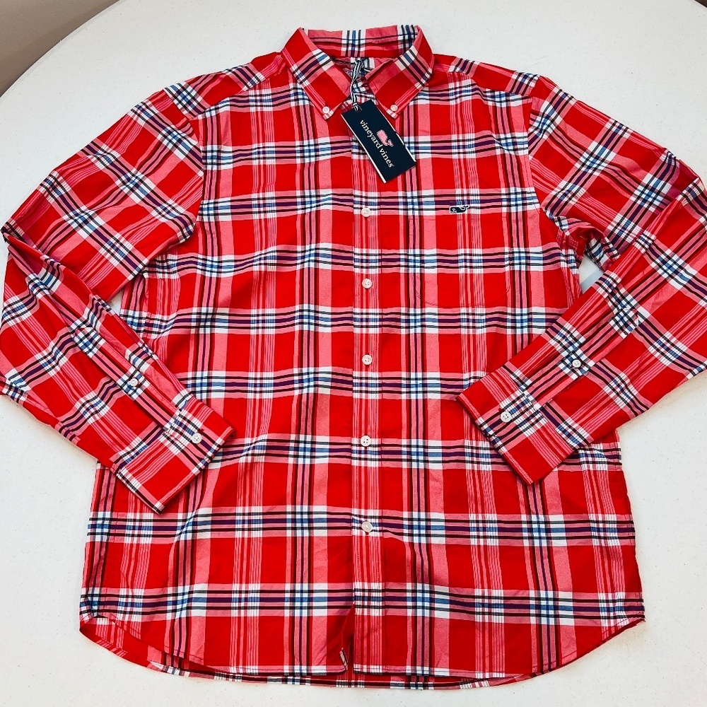 NWT Vineyard Vine OTG Performance M Long Sleeve Shirt Racing Red / Blue / White - Picture 1 of 5